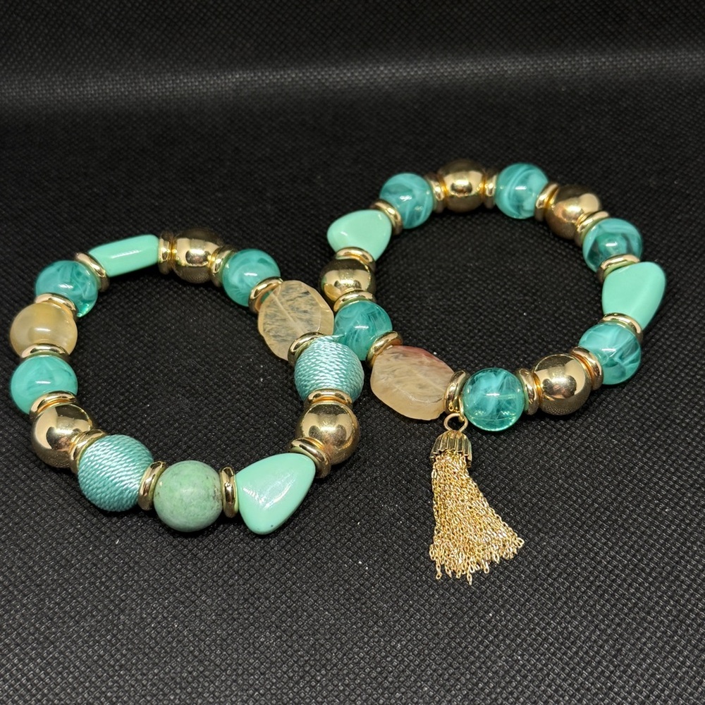 Othr Gold and Turquoise Beaded Bracelet Set with Tassel